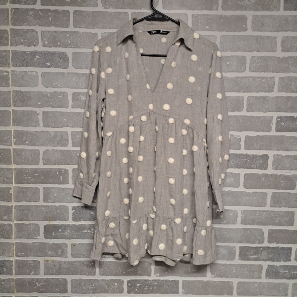 Zara Womens Grey Pom Pom Polka Dot Babydoll Mini Dress, Size S